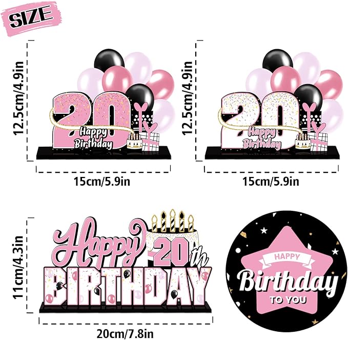 LINGTEER Happy 20th Birthday Pink Acrylic Table Topper Centerpieces Set - Cheers to 20 Years Old Birthday Twenty Bday Party Gift Decorations.