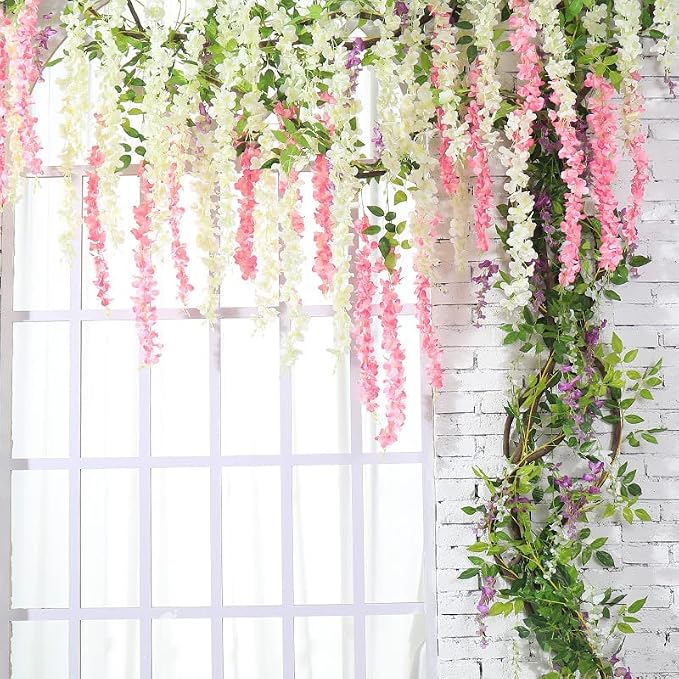 Pauwer 24 Pack 3.6 Feet/Piece Artificial Fake Wisteria Vine Ratta Hanging Garland Silk Flowers Home Party Wedding Decor (Pink, 24PCS)