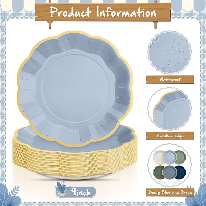 72 Pcs Dusty Blue and Sage Green Color Paper Plates 9 Inch Green Blue Gradient Scalloped Paper Disposable Dinner Dessert Plates for Birthday Wedding Bridal Party Supplies, 6 Colors