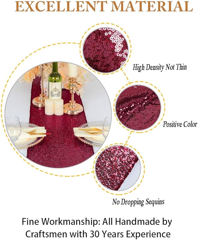 ShinyBeauty Sequin Table Runner Burgundy 12x108-Inch Wine Table Runner Pack of 10 Table Covers for Party Bridal Shower Decorations Dark Red Wedding Table Runners Glitter Table Runner for Dining