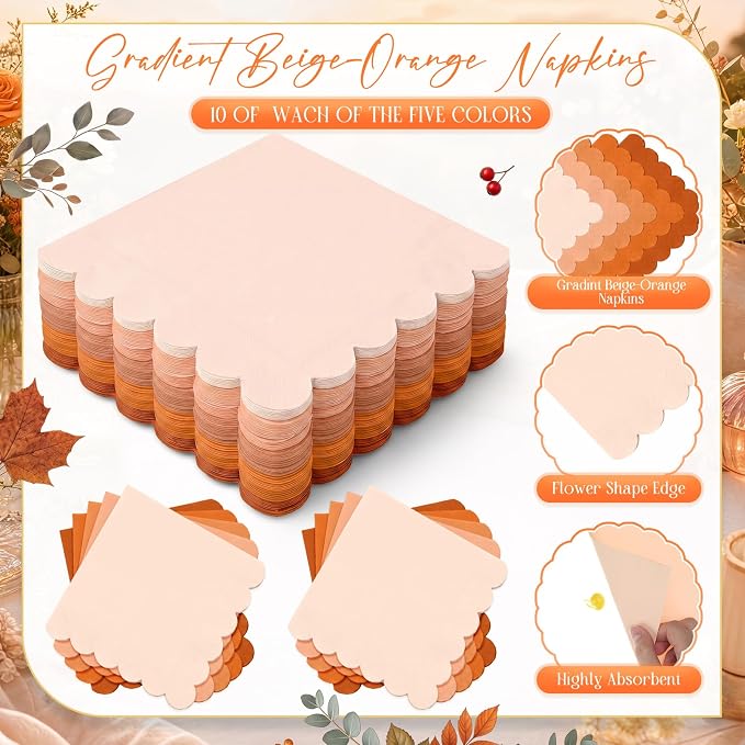 Zhehao 150 Pcs Fall Beige Orange Plates and Napkins Tableware Serves 50 Includes 9 Inch 7 Inch Beige and Orange Scalloped Wave Edges Paper Plate and Napkins for Wedding Birthday Baby Shower Party