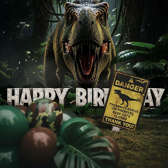 Dinosaur Birthday Decorations with Hunter Green Brown balloon arch & small T-Rex Foil balloons & backdrop Sign & Artificial Palm Leaves for Boys Jungle Safari Dino ROAR Party Supplies (Green Brown)