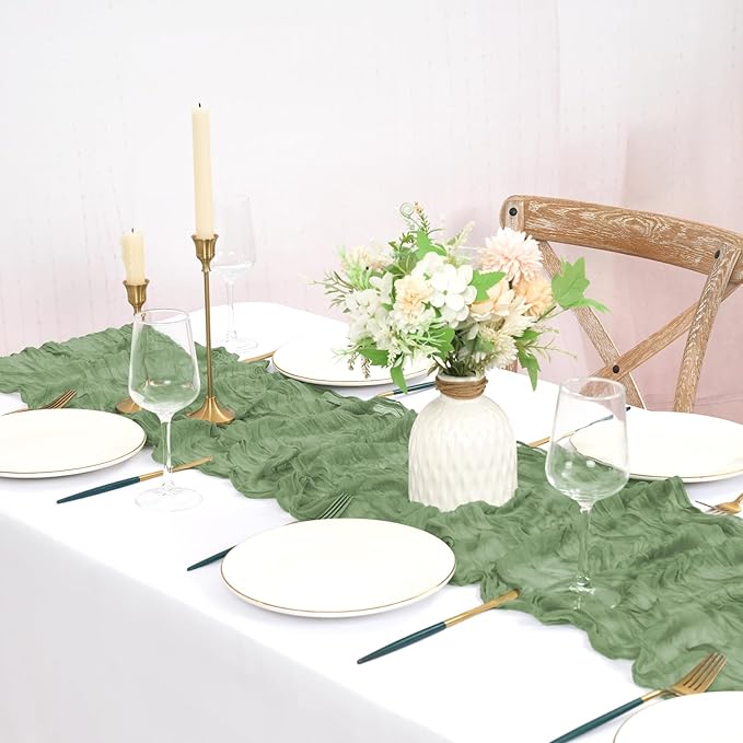 12 Pack Sage Green Cheesecloth Table Runner 10FT Boho Gauze Cheese Cloth Table Runner Rustic Sheer Fabric Table Runners for Wedding Bridal Shower Baby Shower Party(21.5×120 Inch)