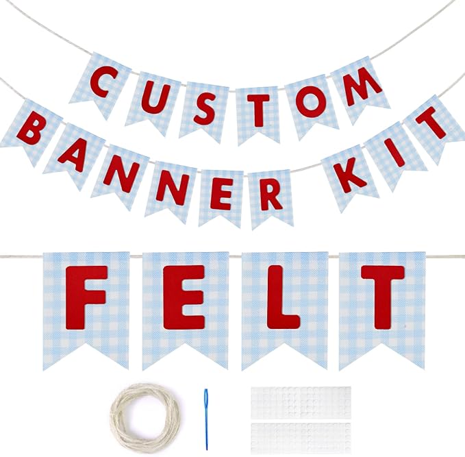 Custom Banner Kit - DIY Burlap Banner with 92 Felt Letters - Personalized for Birthday, Wedding & Party Decorations (blue gingham+red letter)