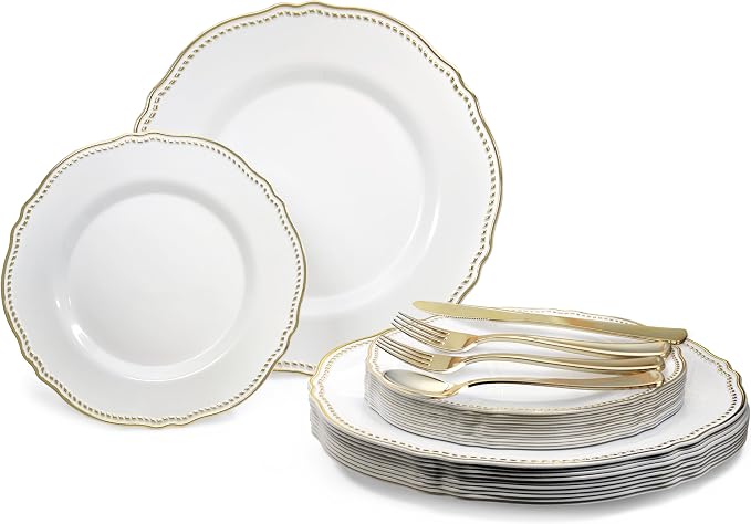 " OCCASIONS " 150pcs set (25 Guests)-Wedding Plastic Plates & cutlery -Disposable heavyweight Dinnerware 10.25'', 7.5'' + Silverware w/double fork (Rochelle White & Gold)
