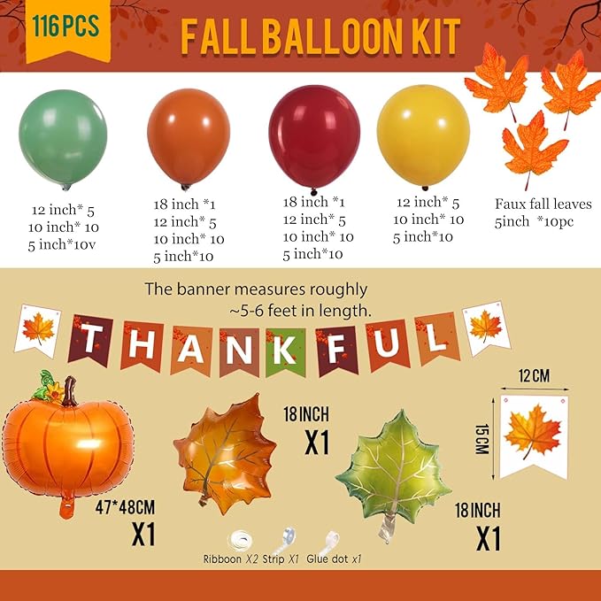 Thanksgiving Party Decorations & with Fall Color Ruby red Burnt orange Yellow Sage Green Balloon Garland Kit & Maple leaf Pumpkin Foil balloons & Banner for Autumn Birthday harvest festival Decor