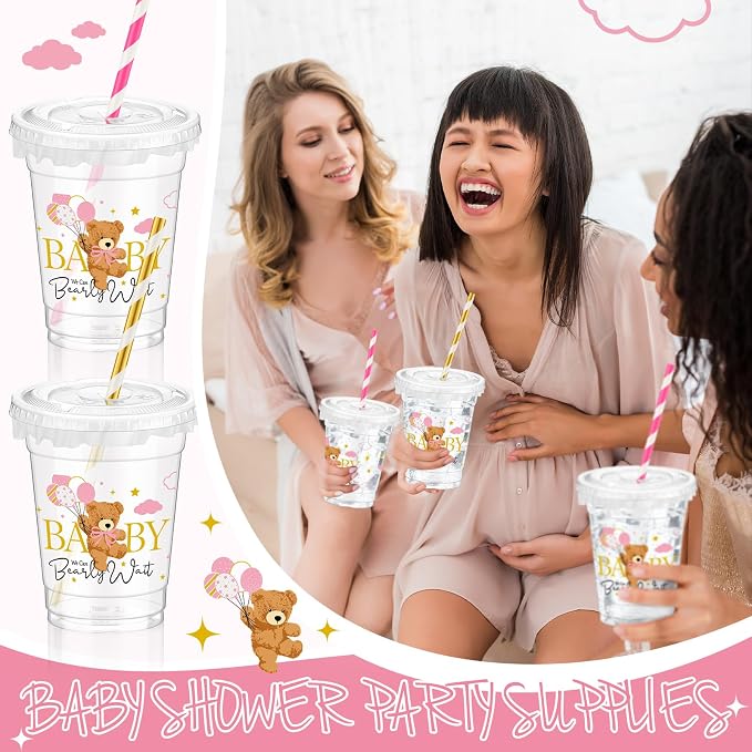 FoldTier 50 Pcs Baby Shower Party Supplies Disposable Plastic Cup 12 Oz Pink Cups Bear Thick Clear Cup Lids Straws Baby Shower Pink Table Decorations Party Favors