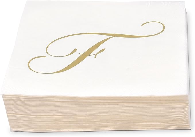 100 Monogram Letter F Cocktail Napkins Gold Foil Initial Disposable Paper Elegant Personalized Beverage Napkins Wedding Party Tableware