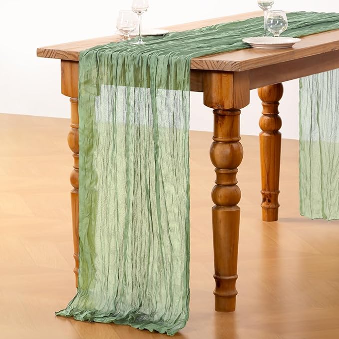 DeZerlor Sage Green Cheesecloth Table Runner 12 Pack Spring Easter Table Runners Boho Gauze 120 Inches Sage Cheese Cloth Table Decor for Wedding Bridal Baby Shower Parties