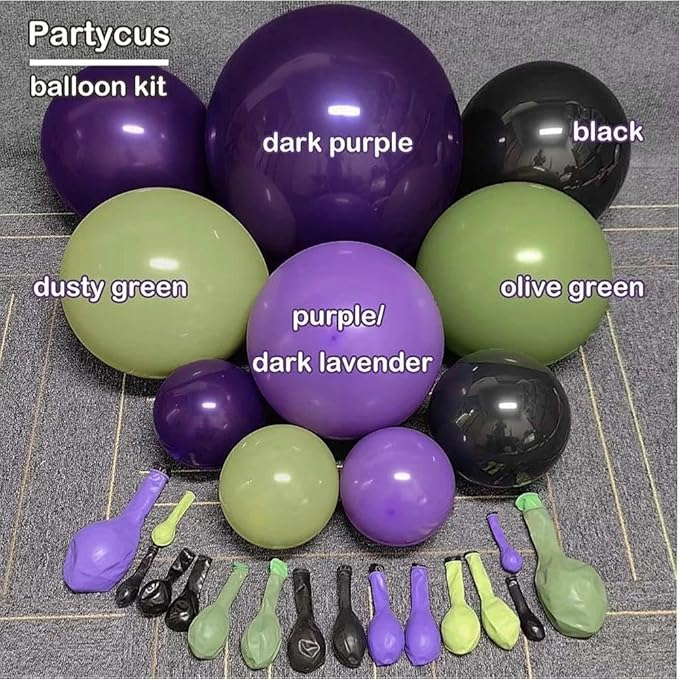 Green Purple Black Balloons Double Stuffed, Halloween Balloon Arch Garland Kit in Dark Purple Dusty Olive Green Color with Black Long Latex for Halloween Birthday Baby Shower Boo Spooky Party Decor