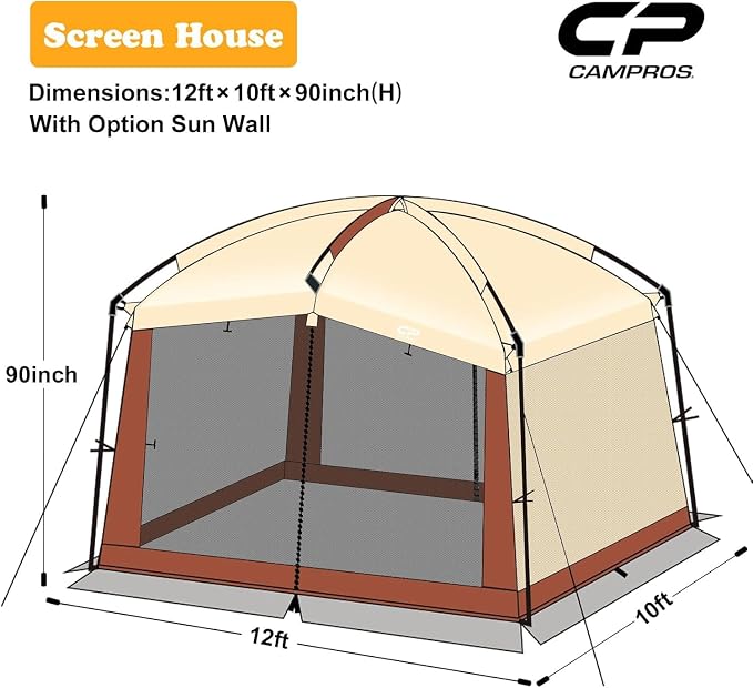 CAMPROS CP Screen House Room with 1 Pc Removal Wind/Sun Panel Canopy Tent Camping Tent Screen Shelter Gazebos for Patios Outdoor Camping Activities, 12'X10'X90in(H) - Beige