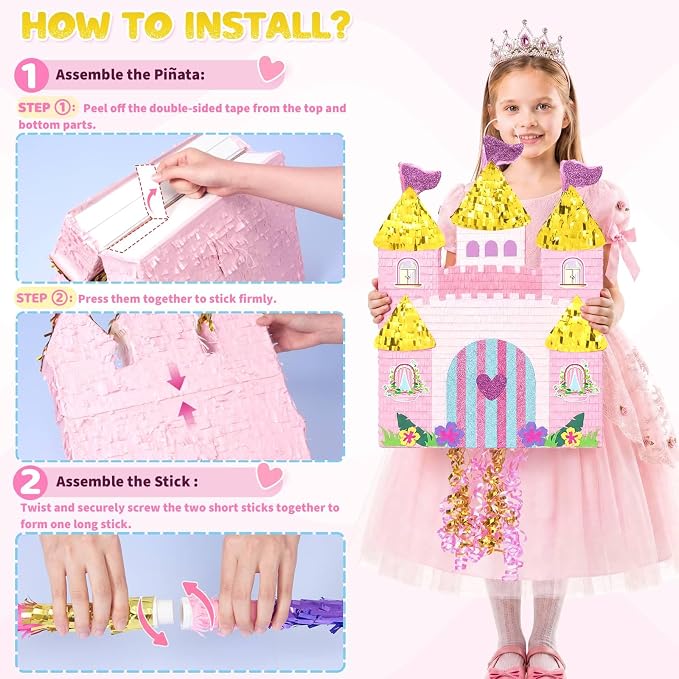 WERNNSAI Large Princess Castle Piñata - 23.6”x 16.3”Princess Birthday Party Decorations Pink Piñata with Blindfold and Bat for Girls Family Game Birthday Party Supplies Castle Design