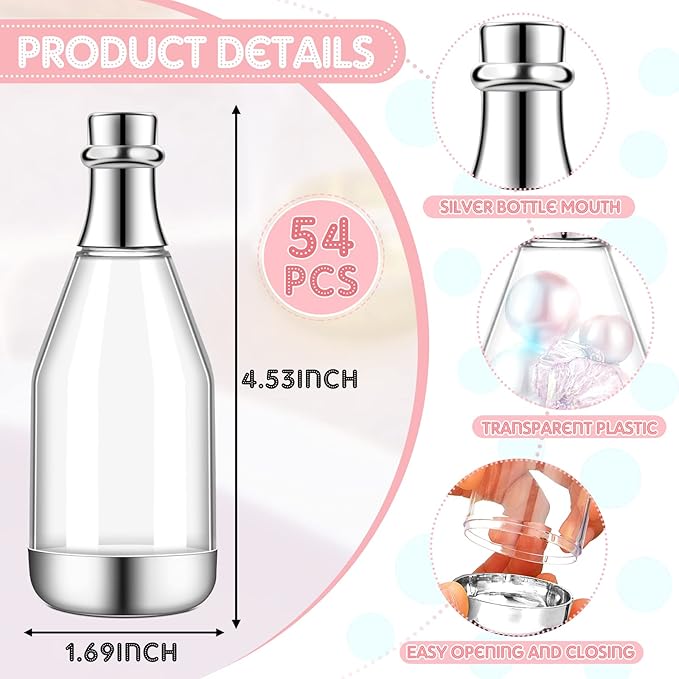 Cunhill 54 Pieces Champagne Candy Bottles Bridal Shower Favors Mini Bottle for Baby Shower Bulk Small Plastic Wine Alcohol Containers for Wedding Birthday Party(Silver)