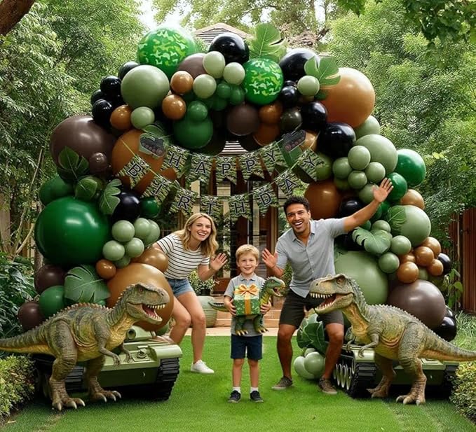 Camo Balloon Arch Garland Kit Double Stuffed Dark Green Brown Black Balloon Latex Sage Olive Green Black Balloons for Dinosaur Birthday Woodland Jungle Hunting Theme Camo Baby Shower Party Decor