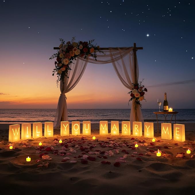 Will You Marry Me Light Up Letters Luminary Bags, Marry Me Sign Banner, Romantic Proposal Decoration Kit with 30PC Bright LED Candles and 2000PC Fake Rose Petals