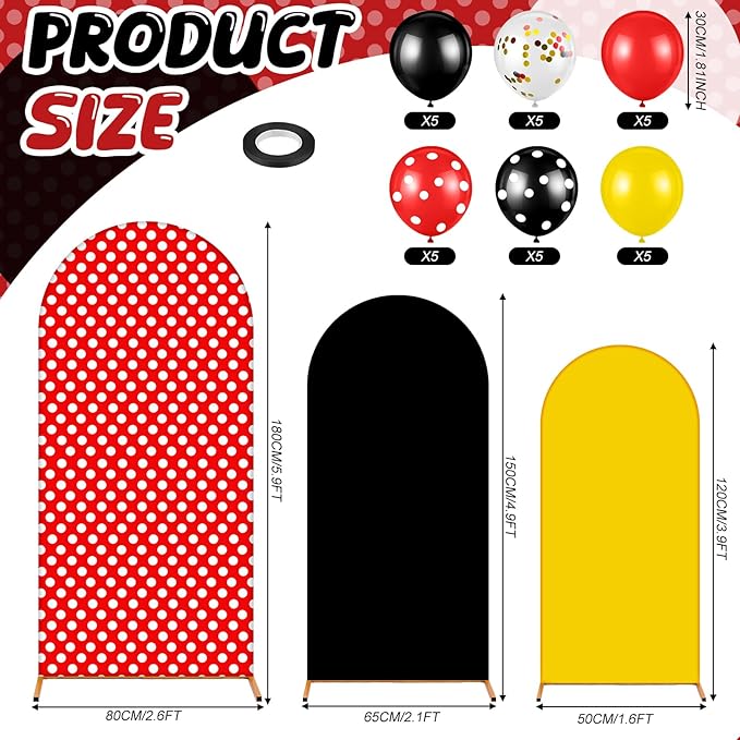 Foilswirl 34 Pieces Cartoon Mouse Birthday Party Decorations 4ft 5ft 6ft Arch Covers 3 Pcs Cartoon Mouse Theme Spandex Arch Backdrop Cover 30 Pcs Red Yellow Black Balloons 1 Ribbon for Party Decor