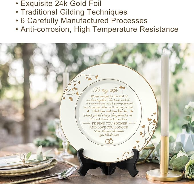 Urllinz Gifts for Wife - To My Wife Plate with 24k Gold Foil, Happy Birthday Anniversary Wedding Gift for Her from Husband, Ceramic 9"