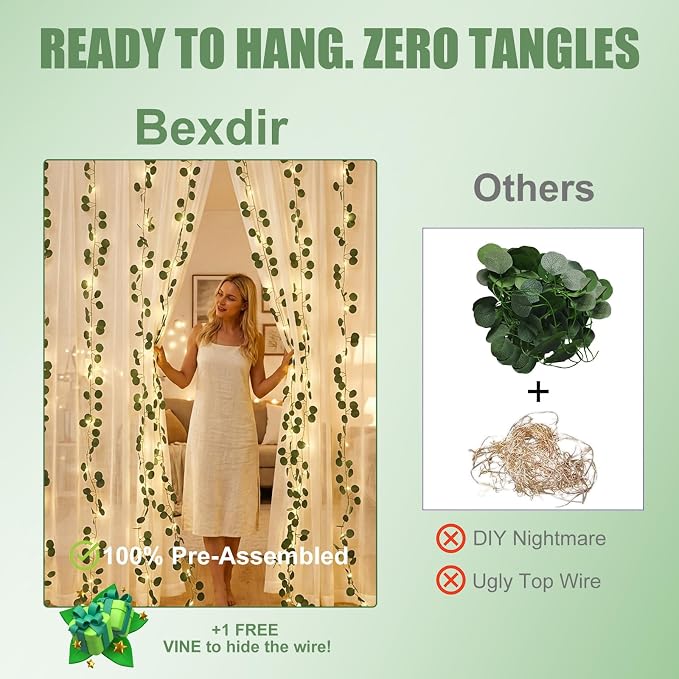 Bexdir 200 LED Curtain Vine Lights for Bedroom Decoration, 6.6x6.6ft Pre-Assembled Hanging Fake Vines with Fairy Lights USB Powered, Aesthetic Artificial Eucalyptus Lights for Room Wall Decor