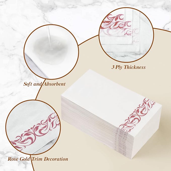 BESTVIP 200 Pack Disposable Paper Napkins,3-Ply Dinner Napkins with Rose Gold Trim for Guests, Bathroom Paper Hand Towels Soft and Absorbent, Perfect for Kitchen, Dinner, Party, Wedding or Event