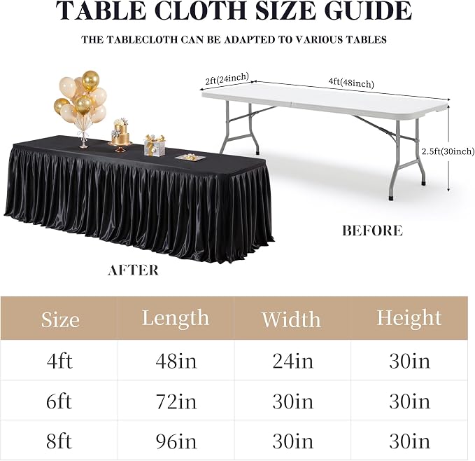 Wish Care 4 Pack Satin Table Cover Skirts for 6ft Rectangular Tables, Black Shimmer Silk Tablecloth with Floor Length Ruffle for Wedding Banquet Party Buffet Decoration
