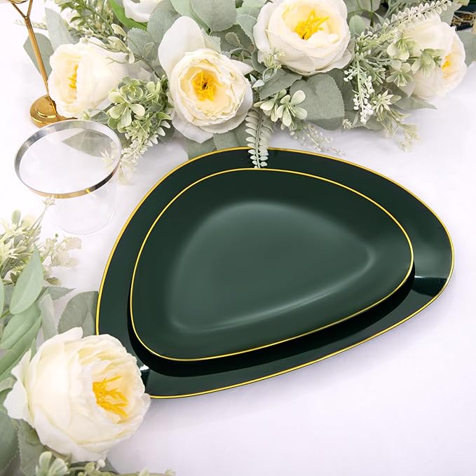 DaYammi 180Pcs Green Plastic Plates, Green Gold Disposable Plates with Gold Silverware Dinnerware Set Include: 30 Dinner Plate,30 Dessert Plate,90 Plastic Cutlery,30 Cups for Party Dinner Wedding