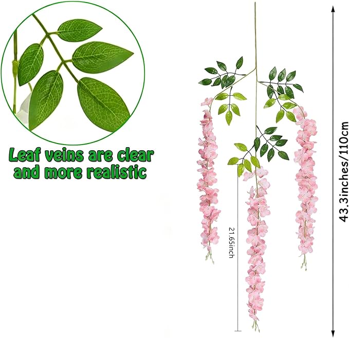 Artificial Wisteria Hanging Flowers Fake Wisteria Flower Garland Silk Vines Rattan Decor for Home Wedding Arch Wall Garden Greenery Bedroom Outdoor Office Party Decoration (12, Light Pink)