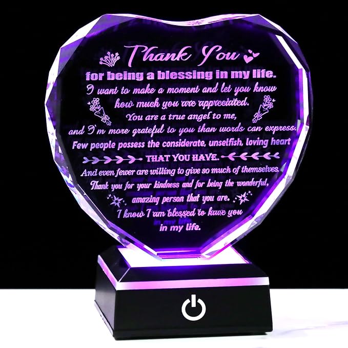 Arikyrist Thank You Gifts for Women Men Heart Shaped Crystal Plaque with LED Light Base Appreciation Gifts for Teacher Nurse Doctor Coworker Boss Inspirational Home Desk Decor