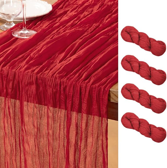 DeZerlor Red Cheesecloth Table Runner 4 Pack Spring Easter Table Runners Boho Gauze 120 Inches Red Cheese Cloth Table Decor for Wedding Bridal Baby Shower Parties