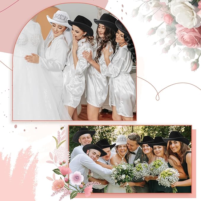 Newcotte 14 Pcs Bride Cowgirl Hat with Veil and Satin Sash Bachelorette Cowboy Hats Set for Wedding Party Bridal Shower Decor