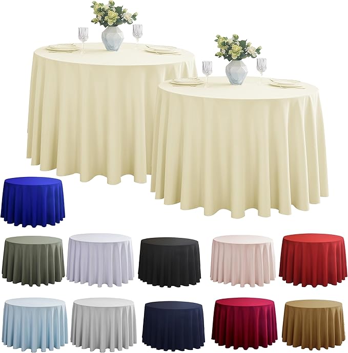 2-Pack Round 120-inch Beige Table Cloths, Solid Stain and Wrinkle Resistant Circular Tablecloth, Premium Plain Weave Polyester Fabric Table Linen Covers for Hotel, Banquet