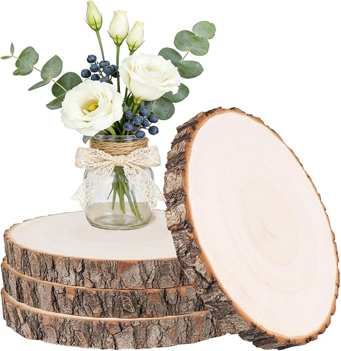 ilauke 4Pcs Wood Centerpieces for Tables 8-9Inch Wood Circles for Crafts, Natural Round Wood Slices Rustic Table Decor, Perfect for Wedding Decor and DIY Craft Projects
