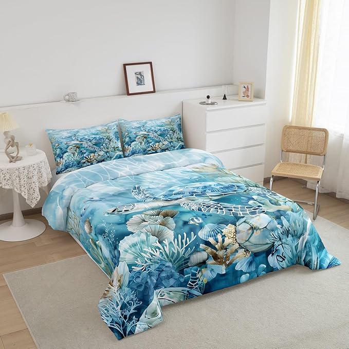 Feelyou Sea Turtle Comforter Set King Size Kids Summer Theme Comforter for Boys Girls Teens Ocean Marine Themed Bedding Set Underwater Animal Duvet Set Reptile Tortoise Quilt