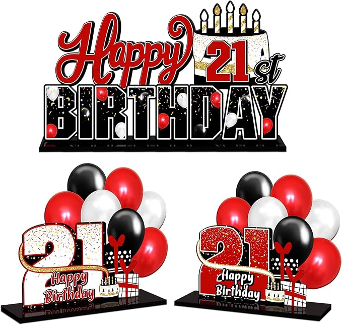 LINGTEER Happy 21st Birthday Red Acrylic Table Topper Centerpieces Set - Cheers to 21 Years Old Birthday 21st Bday Party Gift Decorations.