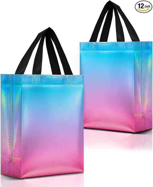 Nush Nush Gradient Aqua to Pink Gift Bags Medium Size – Set of 12 Reusable Gift Bags Holographic Finish - Perfect Pink Goodie Bag for Birthday Party Favors, Baby and Bridal Shower, Holiday - 8x4x10