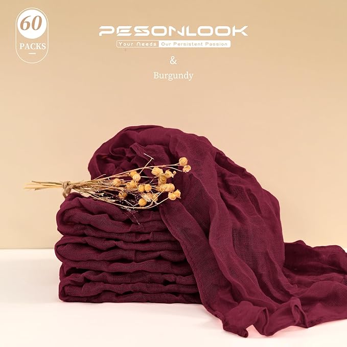 60 PCS Burgundy Gauze Cheesecloth Napkins,20x20 Inch Gauze Napkin Rustic Wrinkled Cheesecloth Napkin Bulk Washable Dinner Table Napkins for Wedding Party Bridal Shower Baby Shower Events Decor