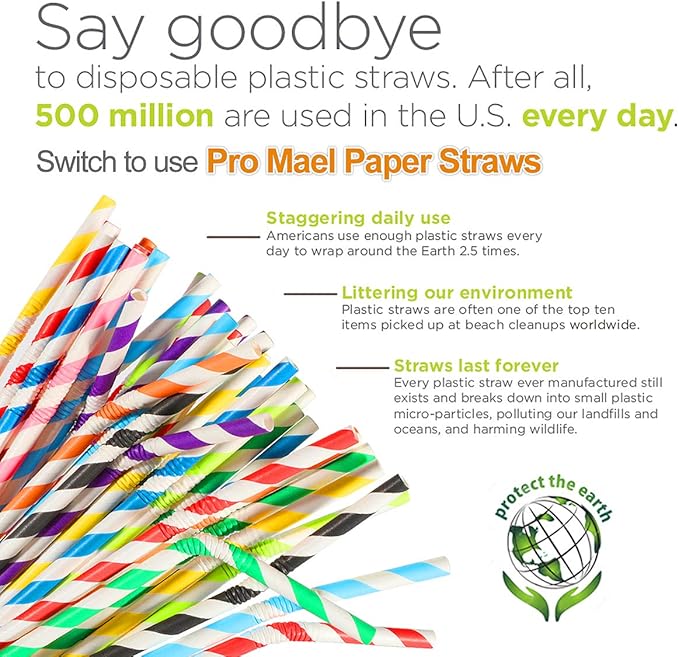 Pro Mael Paper Drinking Straws, Flexible Straws for Juices, Shakes, Smoothies, Disposable Straw for Birthdays, Weddings & Party (200 Pack, Assorted Colors)