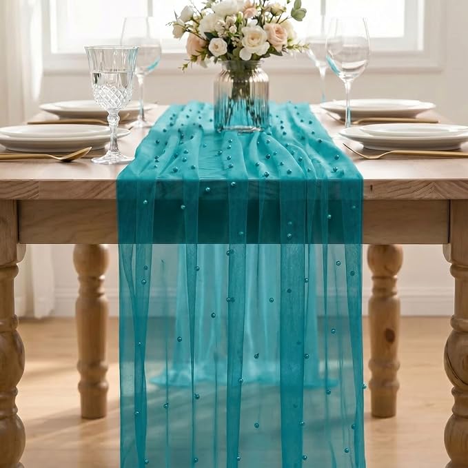 Artoid Mode Pearl Teal Gauze Table Runner 120 Inch 10FT, Seasonal Sheer Dining Holiday Wedding Birthday Baby Shower Table Decor for Home Party