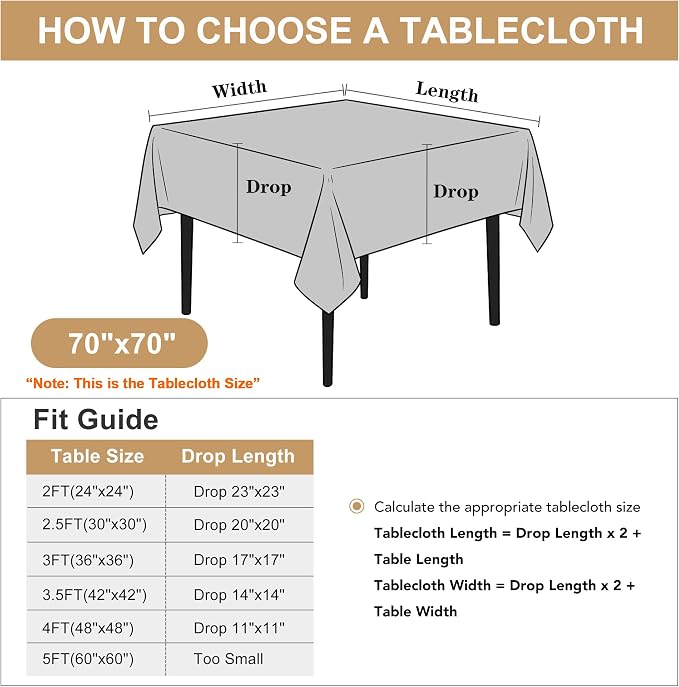 sancua Square Tablecloth - 70 x 70 Inch - Water Resistant Spill Proof Washable Polyester Table Cloth, Decorative Fabric Table Cover for Dining Tables, Buffet Parties and Camping, Grey