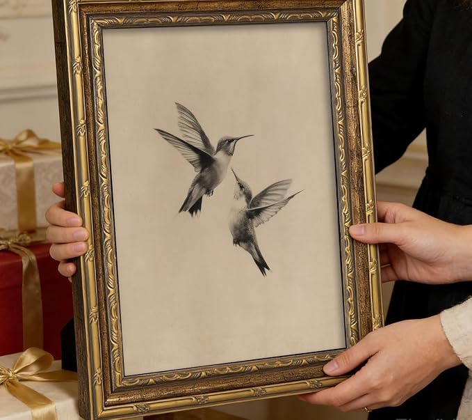 Vintage Gold Framed Vintage Birds Wall Art Birds Sketch Wall Decor Retro Hummingbirds Canvas print Retro Sketch Artwork Painting for Bedroom Living Room Shelf
