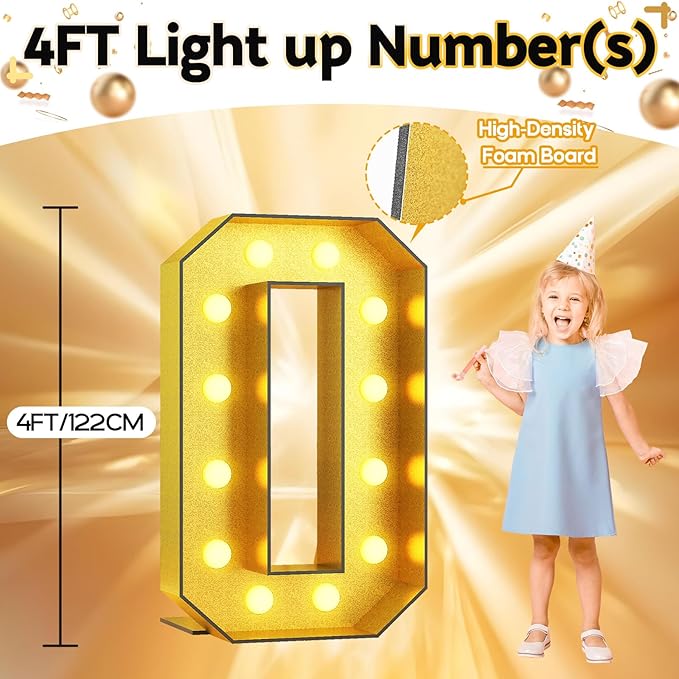 4FT Large Light Up Numbers 0, Gold Number 0 Marquee Frame Marquee Mosaic Number for Birthday, Giant Number 0 Marquee 4 Feet Tall DIY Frame Pre-Cut Foam Board Kit for Graduation Anniversary Decoration