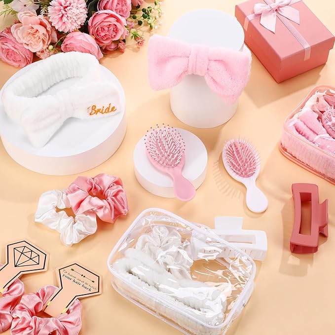 40 Pcs Bachelorette Favor Set Include Headband Scrunchies Hair Claw Clips Hairbrush and Makeup Bag for Bridal Shower Party Gifts Bridesmaid Wedding Supplies (White and Pink)