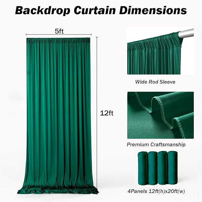 20ft×12ft Forest Green Backdrop Curtains for Wedding Parties, 4 Panels Wrinkle Free Polyester Photo Backdrop Drapes Back Drop Cloth for Birthday Photography Background
