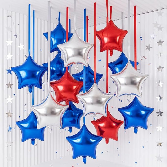 Duraaamo 30 Set Star Foil Balloons Bulk 22 Inch Metallic Star Balloons with Stars Banner and Satin Ribbon for Ceiling Birthday Graduation Ornaments Party Decor(Red, Blue, Silver)