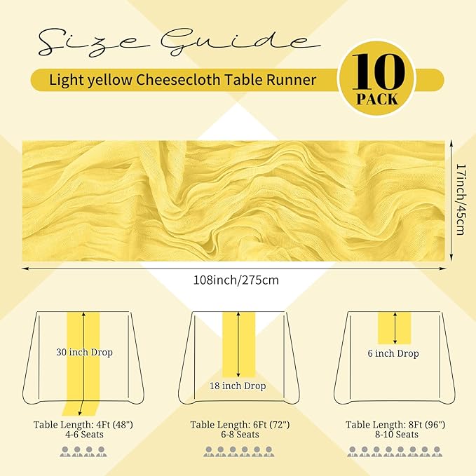 10 Pack Light Yellow Cheesecloth Table Runner 17x108 Inch Semi Sheer Boho Gauze Cheese Cloth Table Runners, for Wedding Bridal Shower Birthday Party Home Decor Garden Farmhouse
