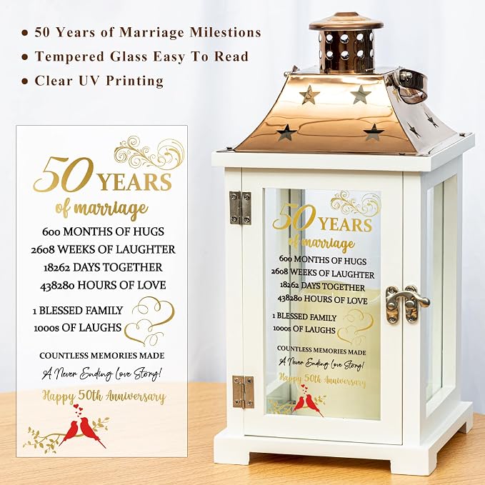 50th Wedding Anniversary Lantern, Happy 50 Years Anniversary Ideas Gift for Couple Parents Grandarents, Unique Marriage Keepsake Decoration for Wife Husband Friends Him Her