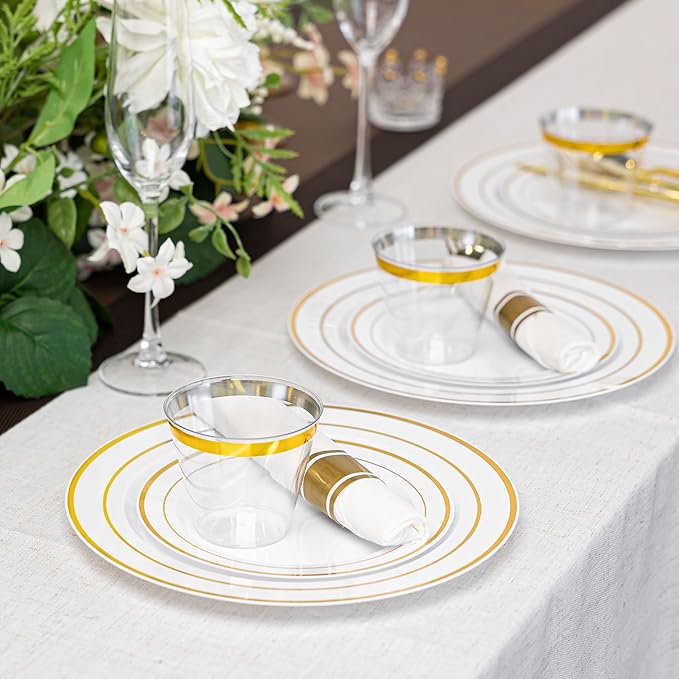 N9R 350PCS Gold Plastic Dinnerware Set for 50 Guests, Include: 50 Dinner Plates, 50 Dessert Plates, 50 Pre Rolled Napkins with Silverware and 50 Cups, White and Gold Disposable Plates for Party