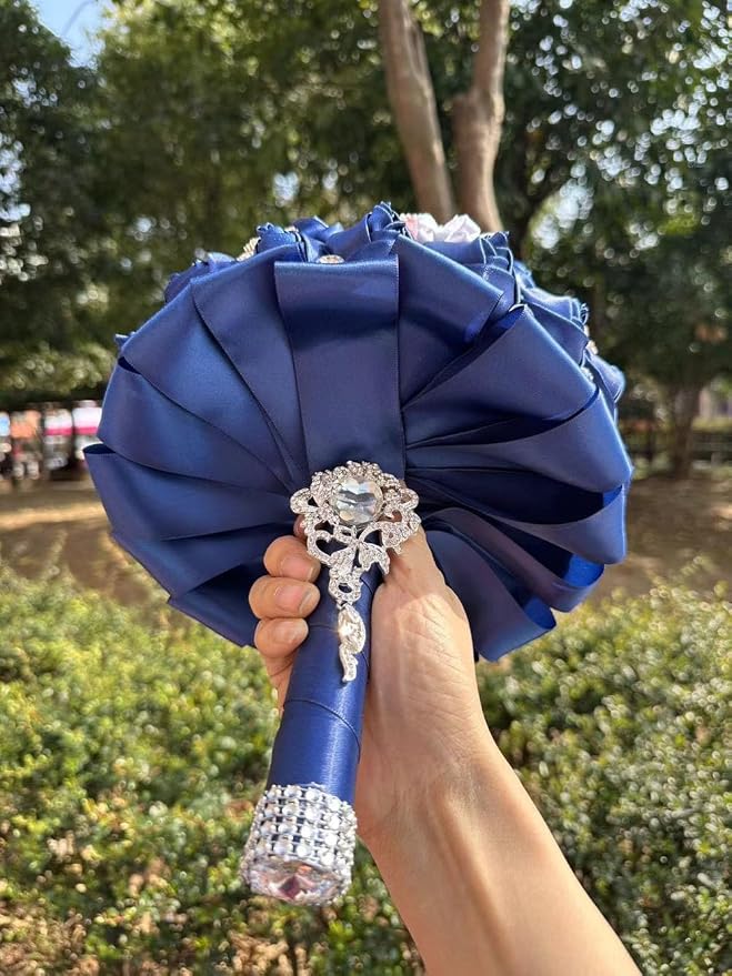 Bridal Wedding Bouquet with Luxury Rhinestone Brooch Bling Bouquet for Bride Bridesmaid Quinceanera Satin Rose Flower Bouquet Wedding Dusty Pink and Navy Blue 8.3in
