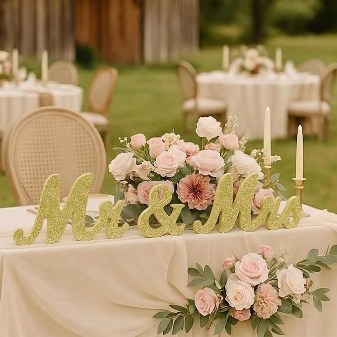 Mr & Mrs Sign for Wedding Table, Wedding Decorations for Reception, Large Wooden Letters Centerpieces Decor for Sweetheart Table, Ceremony, Anniversary, Party and Valentine's Day(Golden)