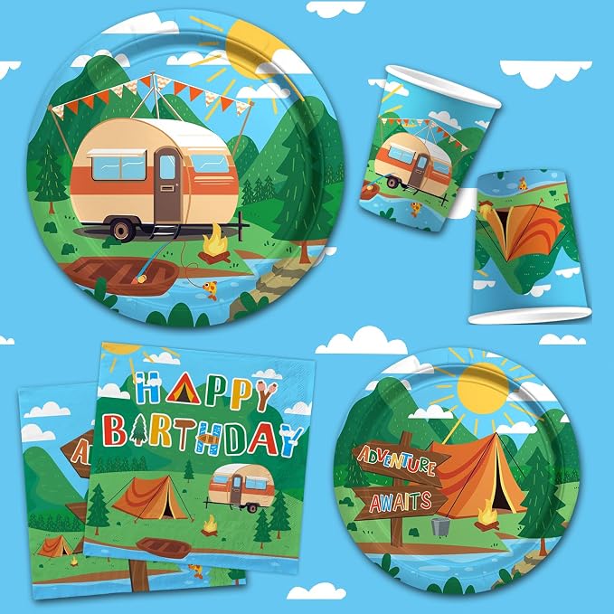 Happy Camper Birthday & Camping Party Decorations Set - Serves 25 with Disposable Plates, Cups, Napkins, Tablecloth & Banner, 1st Birthday, Camping Themed Events & Wedding Parties