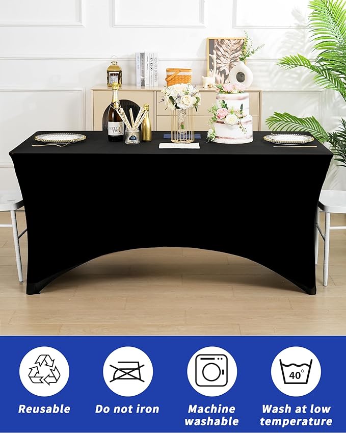 Fixwal 18 Pack 6Ft Black Table Cover, Spandex Fitted Bulk Tablecloths Rectangle, Wrinkle-Free and Stretch Folding Table Cloth for Banquet, Wedding, Party, Trade Show